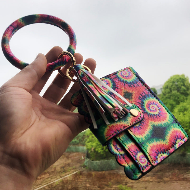 Wholesale Leopard Print PU Leather Tassel Bracelet Coin Purse Keychain